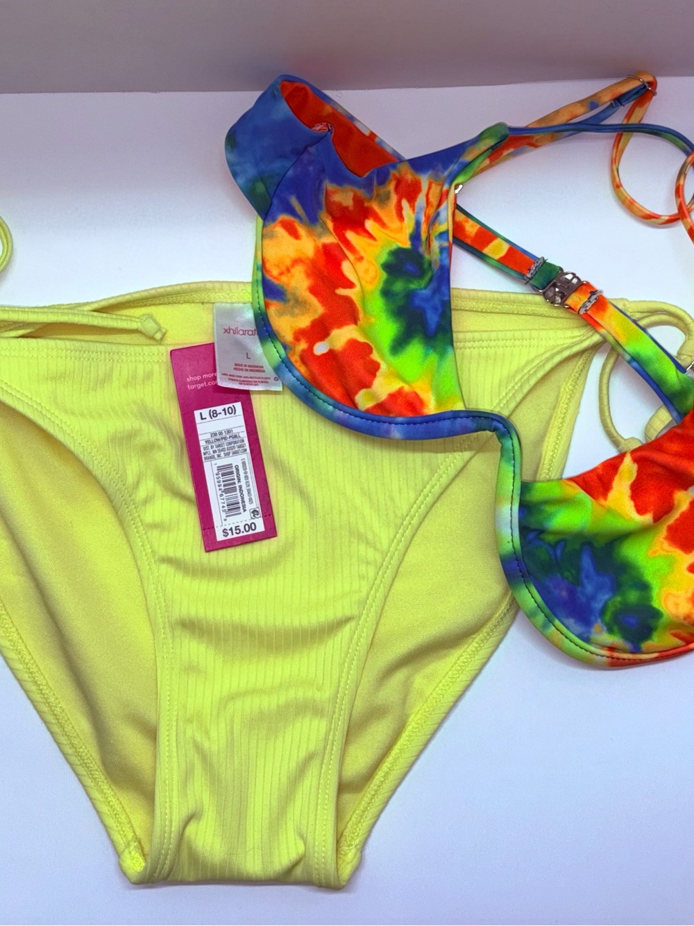 Shein Tie-Dye Multicolor Bikini Top with Xhilaration Yellow Bottoms